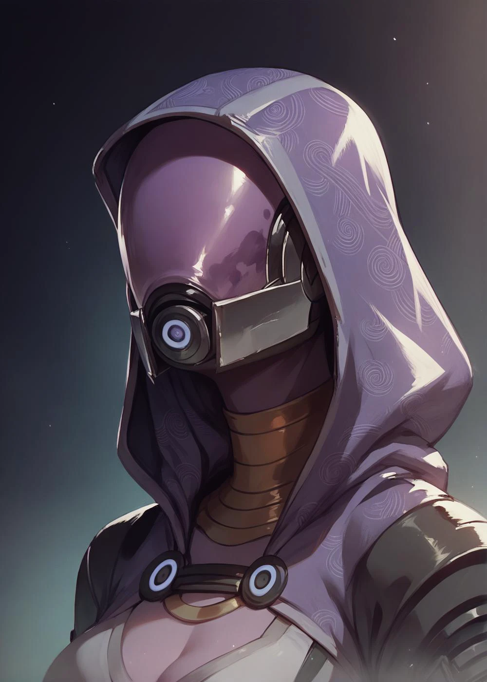 portrait, tali, female, clothing, alien, hood, mask, solo, quarian, humanoid, upper body, covered face, helmet, dark background,<lora:talizorah_pdxl_:0.8>, <lora:Concept Art Twilight Style SDXL_LoRA_Pony Diffusion V6 XL:0.7>, score_9, score_8_up, score_7_up, score_6_up, perfect hands, <lora:Perfect Hands v2:1>