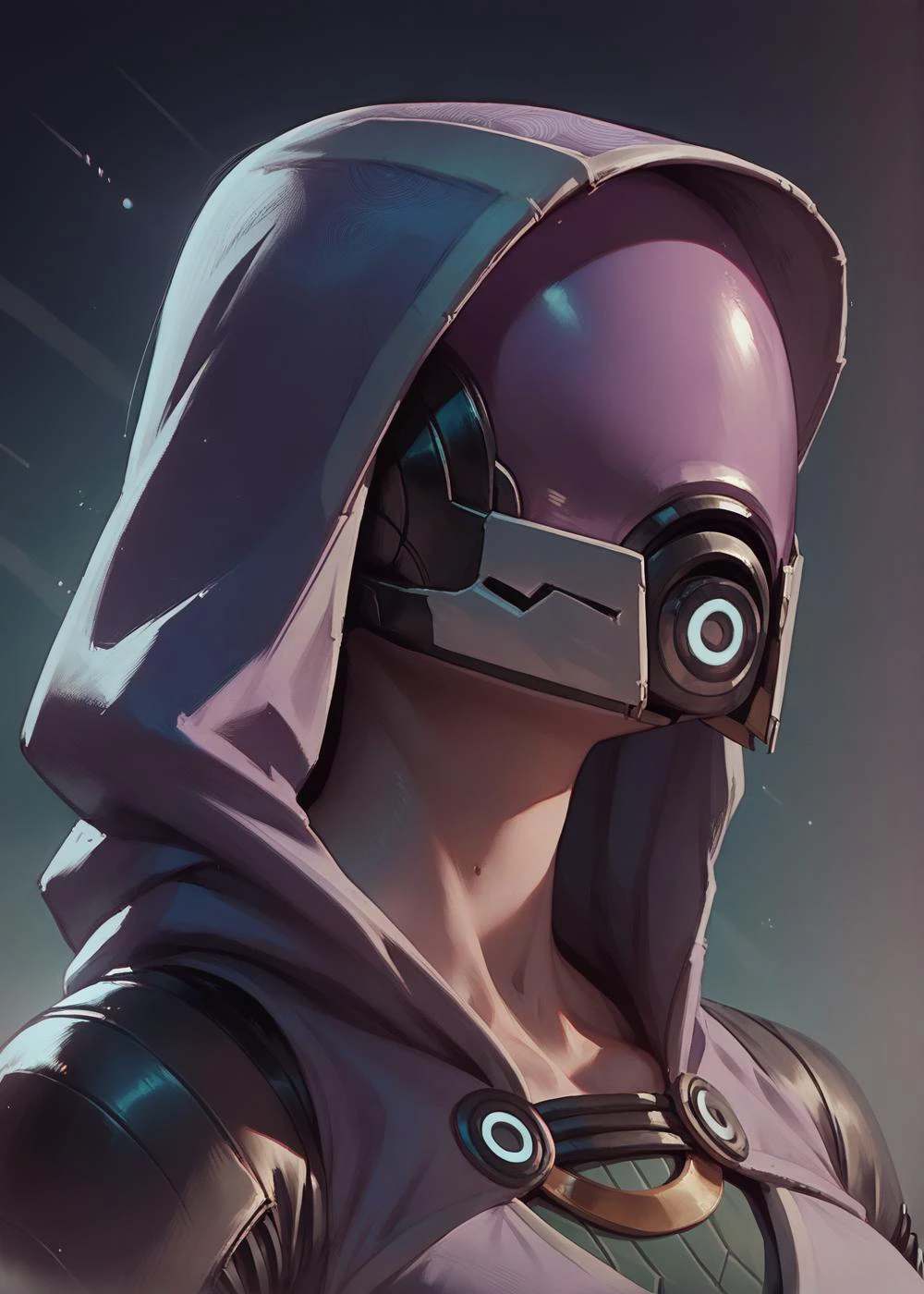 portrait, tali, female, clothing, alien, hood, mask, solo, quarian, humanoid, upper body, covered face, helmet, looking ahead, dark background, spaceship background,<lora:talizorah_pdxl_:0.8>, <lora:Concept Art Twilight Style SDXL_LoRA_Pony Diffusion V6 XL:0.7>, score_9, score_8_up, score_7_up, score_6_up, perfect hands, <lora:Perfect Hands v2:1>