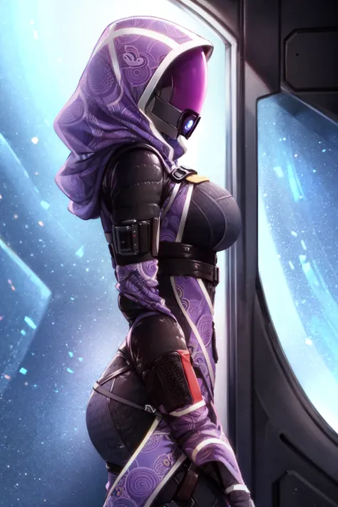 tali, 1girl, solo, hood, purple bodysuit, mask, (helmet, faceless), hood up, alien, inside, side view