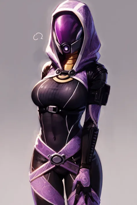 tali, 1girl, solo, hood, purple bodysuit, mask, (helmet, faceless), hood up, alien, simple background, presenting, large breasts