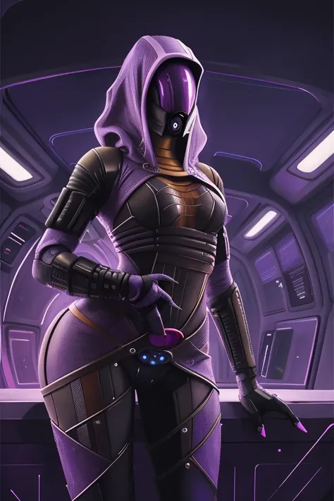 woman, tali, 1girl, solo, hood, purple bodysuit, mask, (helmet, faceless), hood up, alien, inside, bent over, (leaning forward), facing viewer, wide hips, cyberpunk, starship cabin, looking into the camera, (anime), (illustration), cartoon, detailed
<lora:ST talizorahMassEffect_v1:1>