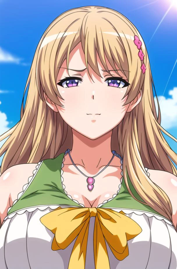 (day),White Background,blue sky,
cleavage,sleeveless,green Long dress ,a yellow bow,
<lora:Momoka_Fujiwara_Eroge-KK77-V1:0.7>,<lora:more_details:0.1>,jewelry,necklace,gem,
bangs, blonde hair,long hair, hair ornament, hairclip,,Purple eyes,
<lora:Mariana_Luciano_NON_VIRGIN-KK77-V1:0.3>,<lora:more_details:0.1>,
1 girl, 20yo,Young female,Beautiful Finger,Beautiful long legs,Beautiful body,Beautiful Nose,Beautiful character design, perfect eyes, perfect face,expressive eyes,perfect balance,
looking at viewer,(Focus on her face),closed mouth, (innocent_big_eyes:1.0),Light_Smile,
official art,extremely detailed CG unity 8k wallpaper, perfect lighting,Colorful, Bright_Front_face_Lighting,shiny skin,
(masterpiece:1.0),(best_quality:1.0), ultra high res,4K,ultra-detailed,
photography, 8K, HDR, highres, absurdres:1.2, Kodak portra 400, film grain, blurry background, bokeh:1.2, lens flare, (vibrant_color:1.2),professional photograph,
(Beautiful,large_Breasts:1.4), (beautiful_face:1.5),(narrow_waist),