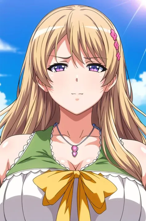 (day),White Background,blue sky,
cleavage,sleeveless,green Long dress ,a yellow bow,
<lora:Momoka_Fujiwara_Eroge-KK77-V1:0.7>,<lora:more_details:0.1>,jewelry,necklace,gem,
bangs, blonde hair,long hair, hair ornament, hairclip,,Purple eyes,
<lora:Mariana_Luciano_NON_VIRGIN-KK77-V1:0.3>,<lora:more_details:0.1>,
1 girl, 20yo,Young female,Beautiful Finger,Beautiful long legs,Beautiful body,Beautiful Nose,Beautiful character design, perfect eyes, perfect face,expressive eyes,perfect balance,
looking at viewer,(Focus on her face),closed mouth, (innocent_big_eyes:1.0),Light_Smile,
official art,extremely detailed CG unity 8k wallpaper, perfect lighting,Colorful, Bright_Front_face_Lighting,shiny skin, 
(masterpiece:1.0),(best_quality:1.0), ultra high res,4K,ultra-detailed,
photography, 8K, HDR, highres, absurdres:1.2, Kodak portra 400, film grain, blurry background, bokeh:1.2, lens flare, (vibrant_color:1.2),professional photograph, 
(Beautiful,large_Breasts:1.4), (beautiful_face:1.5),(narrow_waist),