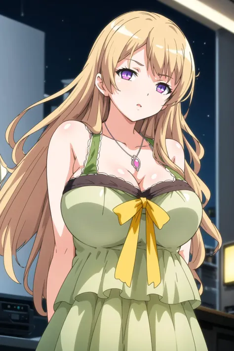 masterpiece, best quality, 
1girl, solo,
(Night:1.7), at a podium in a room with a tv on the wall and a desk with a laptop on it,
Standing at attention,
cleavage,sleeveless,green Long dress ,a yellow bow,
jewelry,necklace,gem,
bangs, blonde hair,long hair, hair ornament, hairclip,,Purple eyes,
1 girl, 20yo,Young female,Beautiful Finger,Beautiful long legs,Beautiful body,Beautiful Nose,Beautiful character design, perfect eyes, perfect face,expressive eyes,
looking at viewer, in the center of the image,(Focus on her face),
official art,extremely detailed CG unity 8k wallpaper, perfect lighting,Colorful, Bright_Front_face_Lighting,shiny skin,
(masterpiece:1.0),(best_quality:1.0), ultra high res,4K,ultra-detailed,
photography, 8K, HDR, highres, absurdres:1.2, Kodak portra 400, film grain, blurry background, bokeh:1.2, lens flare, (vibrant_color:1.2)
(Beautiful,large_Breasts:1.4), (beautiful_face:1.5),(narrow_waist),