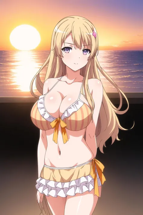 (sunset:1.7), yellow sky,clouds,beach,outdoors,twilight, orange sky,sun, sunrise, sunset,
Standing at attention,
bikini,bikini skirt,navel,frilled bikini, frills, front-tie top,cleavage,swimsuit,
<lora:Momoka_Fujiwara_Eroge-KK77-V1:0.7>,<lora:more_details:0.1>,
bangs, blonde hair,long hair, hair ornament, hairclip,purple eyes,wavy hair,
1 girl, 20yo,Young female,Beautiful Finger,Beautiful long legs,Beautiful body,Beautiful Nose,Beautiful character design, perfect eyes, perfect face,expressive eyes,
looking at viewer, in the center of the image,(Upper_body),(Focus on her face),
official art,extremely detailed CG unity 8k wallpaper, perfect lighting,Colorful, Bright_Front_face_Lighting,shiny skin,
(masterpiece:1.0),(best_quality:1.0), ultra high res,4K,ultra-detailed,
photography, 8K, HDR, highres, absurdres:1.2, Kodak portra 400, film grain, blurry background, bokeh:1.2, lens flare, (vibrant_color:1.2)
(Beautiful,large_Breasts:1.4), (beautiful_face:1.5),(narrow_waist),