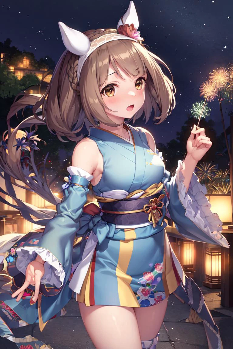 masterpiece, best quality,
yukino bijin \(umamusume\),
aerial fireworks, night sky,
official alternate costume, hair flower, headband, japanese clothes, blue kimono, bare shoulders, sleeveless kimono, detached sleeves, wide sleeves, frilled sleeves, long sleeves, blue sleeves, obi, sash, frills,
<lora:yukino_bijin_loha-000007:0.7>