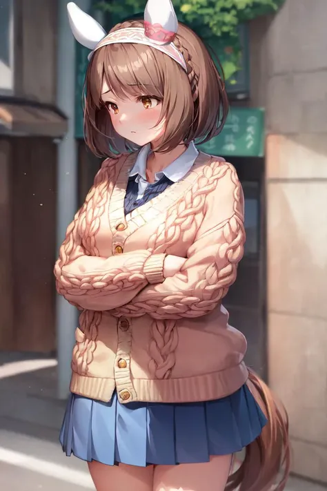 masterpiece, best quality,
yukino bijin \(umamusume\),
crossed arms, looking away, building, street,
casual, ear covers, headband, collared shirt, pink sweater, cardigan, cable knit, long sleeves, blue skirt,
<lora:yukino_bijin_loha-000007:0.7>