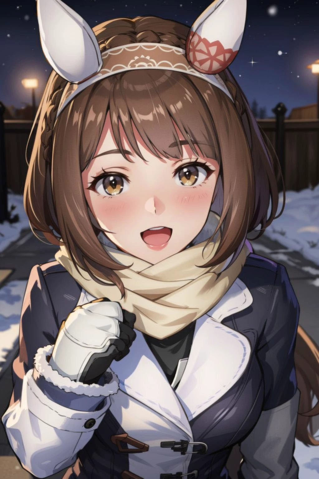 Volumetric Lighting, Best Shadows, (masterpiece, best quality:1.3),ultra-detailed,clear skin,mom,milf,long face, huge breasts, yukino bijin \(umamusume\), <lora:yukino_bijin_loha:0.8>, ear covers, headband, white scarf, winter clothes, winter coat, black coat, long sleeves, fur trim, mittens,looking at viewer,upper body, smile,open mouth, ((pov)),full-face blush, ,winter, night, night sky, full moon, from above,