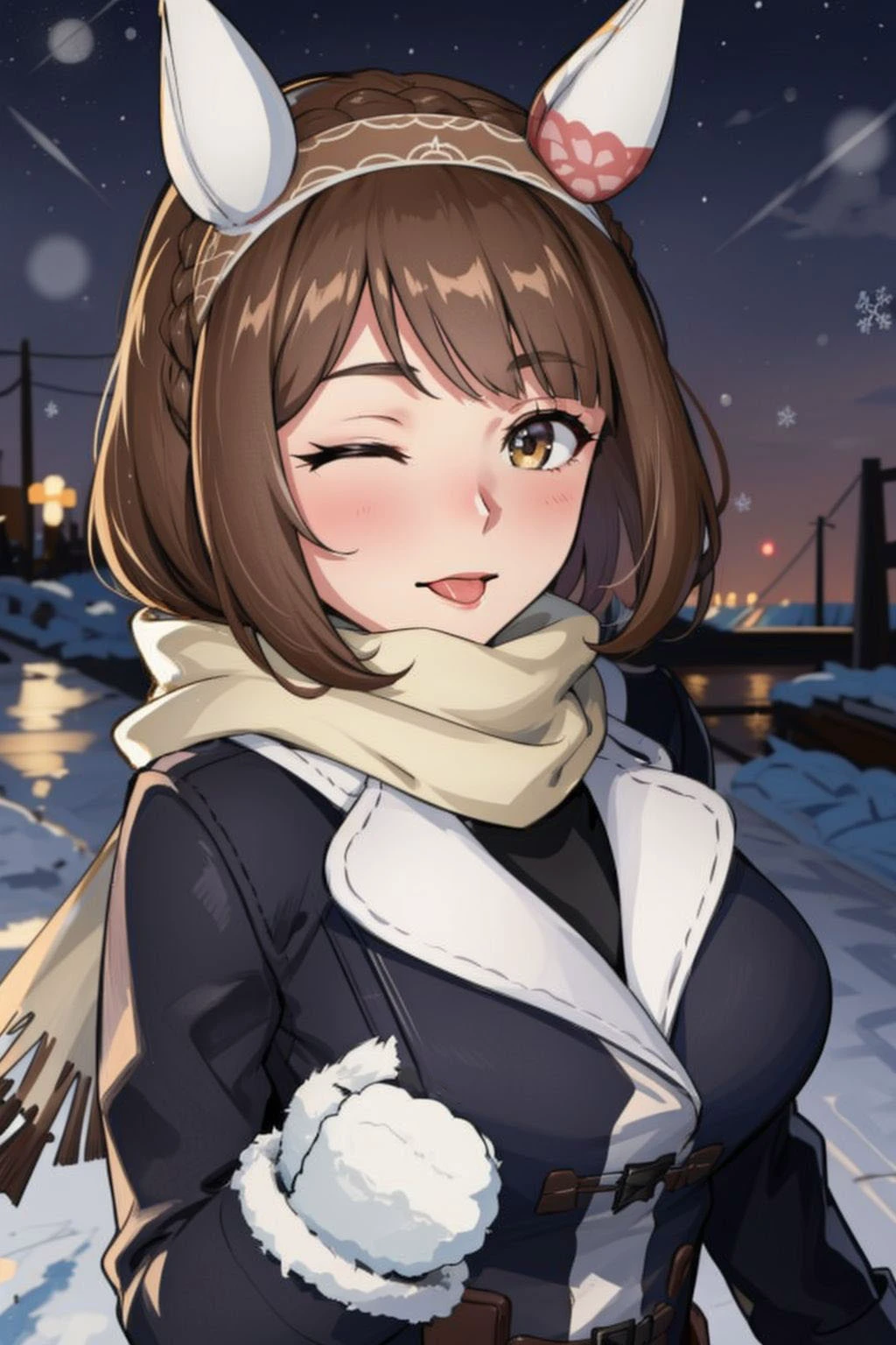 Volumetric Lighting, Best Shadows, (masterpiece, best quality:1.3),ultra-detailed,clear skin,mom,milf,long face, huge breasts, yukino bijin \(umamusume\), <lora:yukino_bijin_loha:0.8>, ear covers, headband, white scarf, winter clothes, winter coat, black coat, long sleeves, fur trim, mittens,looking at viewer,upper body, smile, one eye closed, closed mouth,tongue out, (((pov))),full-face blush, ,winter, night, night sky, full moon, from above,
