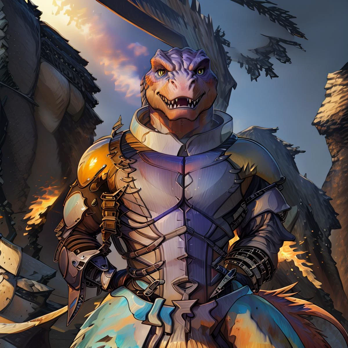 score_9, score_8_up, score_7_up, score_6_up, score_5_up, score_4_up,
8K CGI video game, powerful muscular build, muscular male, bara, side lighting, rim lighting, cinematic lighting, In'ei, (highly detailed), (Masterpiece), beautiful details, crisp, chiaroscuro, anime style, digital illustration, deep metallic colors, bright vivid colors, intricate detail, detailed background,
(character is (genghis rex, dinosaur, tyrannosaurus rex, muscles, muscular, dinosaucers, futuristic armor, armor, sharp teeth, colored lines, villain, )),
((in the style of and art by racoon21, null ghost, taran fiddler, ruaidri, yupa, kiyosan, jiandou, darkgem, ReptileCynrik, FrAnubis, Pino Daeni, Raphael, Leonardo da Vinci, midjourney, Thomas Kinkade, James Gurney, Frank Lloyd Wright, )),
<lora:GenghisRex:0.85> <lora:add_detail:0.35> <lora:add_sharpness:0.15> <lora:EyesGen:0.25> <lora:YQ_MaterialEnhancer_:0.35> <lora:waterVFX:0.35> <lora:Anvil_Style:0.8> <lora:æ¼äº®ç·å©:1> <lora:yukino_bijin_loha:0.8> yukino bijin \(umamusume\) <lora:sh_zhugeguo_v1.0:1>