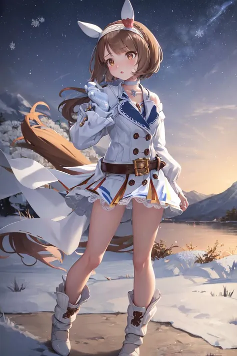 masterpiece, best quality,
yukino bijin \(umamusume\),
winter, snowflake, mountainous horizon,
starry sky,
standing, looking up,
ear covers, headband, white choker, white dress, long sleeves, fingerless glove, white glove, single glove, blue collar, necklace, buttons, brown belt, belt buckle, layered dress, white footwear, boots
<lora:yukino_bijin_loha-000007:0.7>