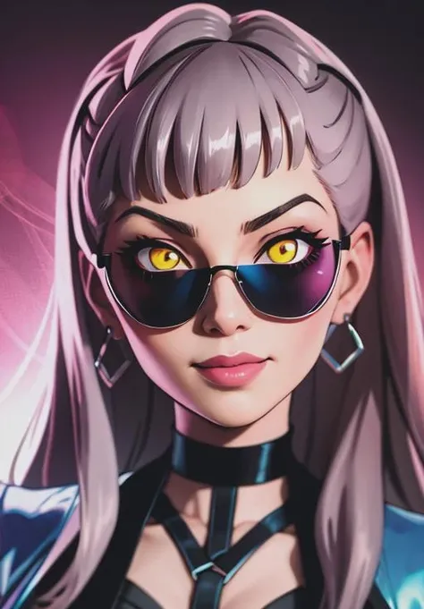 <lora:kda_evelynn:0.8>,kda_evelynn, smirk, portrait, yellow eyes, glowing eyes, slit pupils, sunglasses