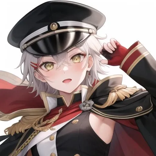 (masterpiece, best quality:1.2),illustration,8k,hd,1girl,solo,upper body,(portrait:1.2),kinu (azur lane),bangs,belt,black cape,black footwear,black headwear,black jacket,black thighhighs,black shorts,cape,fingerless gloves,gloves,hair between eyes,hair ornament,hat,jacket,medium hair,military hat,military uniform,multicolored cape,multicolored clothes,red cape,red gloves,rudder footwear,shorts,shoulder armor,sode,yellow eyes,<lora:Kinu(azur)>,