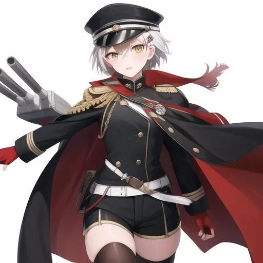 (masterpiece, best quality:1.2),illustration,8k,hd,1girl,solo,cowboy shot,kinu (azur lane),bangs,belt,black cape,black footwear,black headwear,black jacket,black thighhighs,black shorts,cape,fingerless gloves,gloves,hair between eyes,hair ornament,hat,jacket,medium hair,military hat,military uniform,multicolored cape,multicolored clothes,red cape,red gloves,rudder footwear,shorts,shoulder armor,sode,yellow eyes,<lora:Kinu(azur)>,