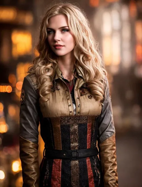a woman, blonde, long wave hair, red and gold, lustful <lyco:Rhea Seehorn:0.8>