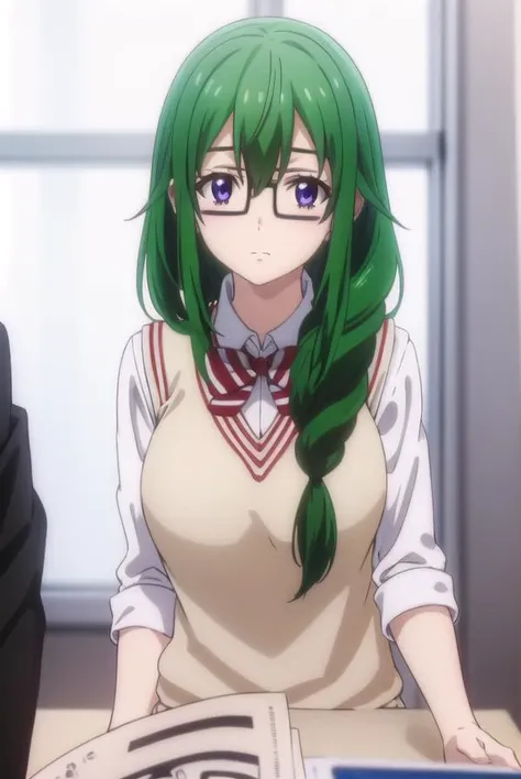 meikoootsuka, <lora:meiko ootsuka s1-lora-nochekaiser:1>,
meiko ootsuka, long hair, (purple eyes:1.1), green hair, glasses, black-framed eyewear, hair over shoulder, braid, single braid,
BREAK skirt, shirt, bow, school uniform, white shirt, short sleeves, pleated skirt, striped, bowtie, red bow, grey skirt, sweater vest, striped bow, striped bowtie,
BREAK indoors, classroom,
BREAK looking at viewer,
BREAK <lyco:GoodHands-beta2:1>, (masterpiece:1.2), best quality, high resolution, unity 8k wallpaper, (illustration:0.8), (beautiful detailed eyes:1.6), extremely detailed face, perfect lighting, extremely detailed CG, (perfect hands, perfect anatomy),
