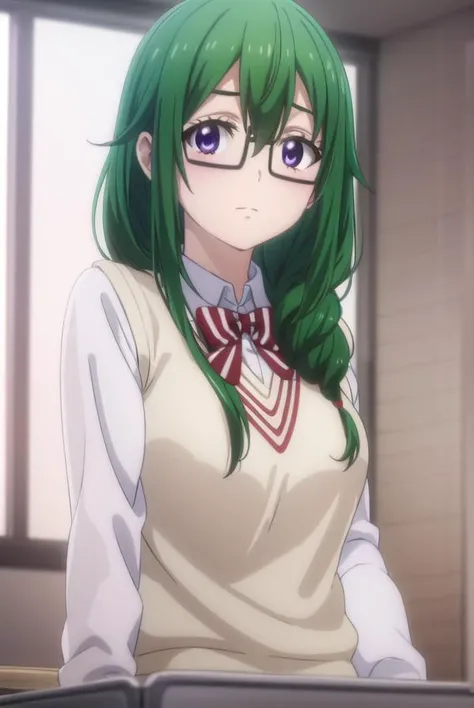 meikoootsuka, <lora:meiko ootsuka s1-lora-nochekaiser:1>,
meiko ootsuka, long hair, (purple eyes:1.1), green hair, glasses, black-framed eyewear, hair over shoulder, braid, single braid,
BREAK skirt, shirt, bow, school uniform, white shirt, short sleeves, pleated skirt, striped, bowtie, red bow, grey skirt, sweater vest, striped bow, striped bowtie,
BREAK indoors, classroom,
BREAK looking at viewer,
BREAK <lyco:GoodHands-beta2:1>, (masterpiece:1.2), best quality, high resolution, unity 8k wallpaper, (illustration:0.8), (beautiful detailed eyes:1.6), extremely detailed face, perfect lighting, extremely detailed CG, (perfect hands, perfect anatomy),