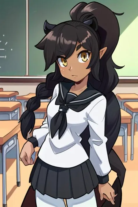 ((best quality)), ((highly detailed)), masterpiece, (detailed eyes, deep eyes), (1girl), cowboy shot, <lora:hairdetailer:.9>, (panther girl), panther ears, panther tail, black hair, (((ebony skin:1.5))), ((yellow colored eyes)), very long hair, braided hair, athletic, (at a classroom, desks, blackboard, schoolgirls, ((6+girls)), schoolgirl uniform, pleated skirt), <lora:EnvyCuteMix05:1.3>