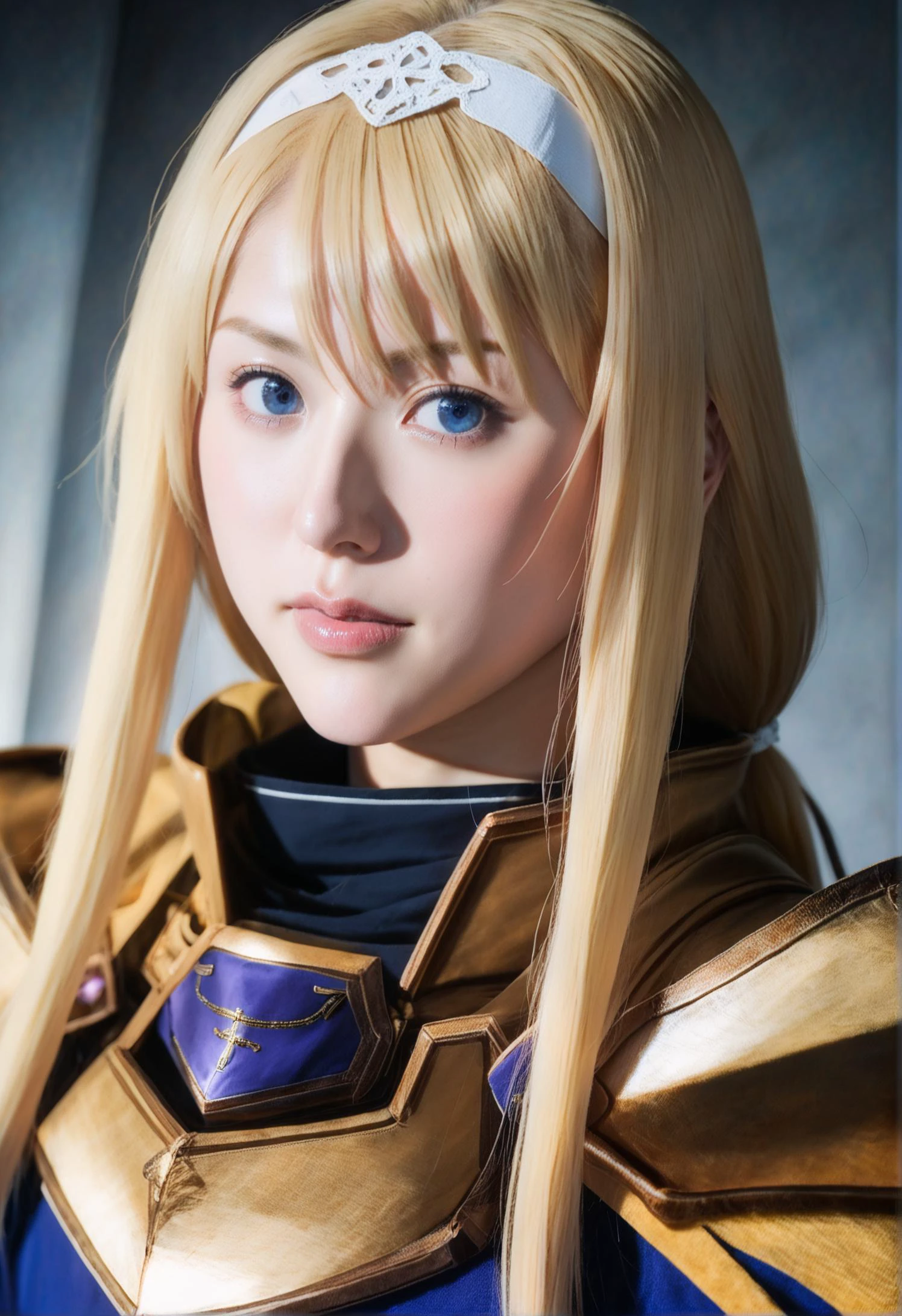 <lora:pony_real_V0310_1:0.5><lora:pony_real_V0310_2:1>,photo,realistic,1girl,solo,intricate details,soft lighting,looking at viewer,light blue eyes,(long eyelashes:0.4),blonde hair,<lora:alice_:0.7>(alice zuberg:0.6), cape, gold armor, white hairband,,