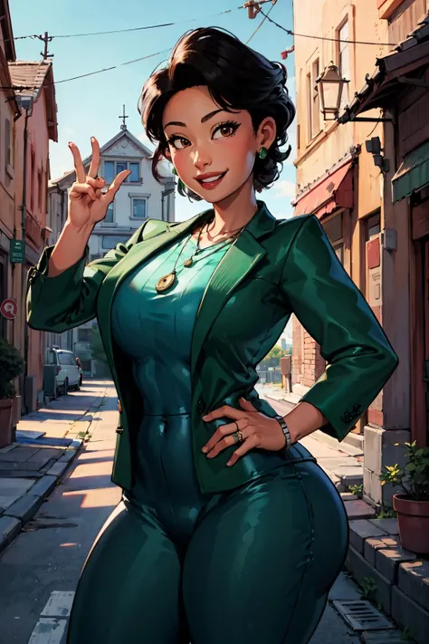 minglee, 1girl, green jacket, pants, necklace, smiling, (curvy), town, dynamic pose, hands on hip <lora:Sett_Ming_Lee:0.7>, milf, masterpiece, best quality, extreme detail, 8k, image sharpness