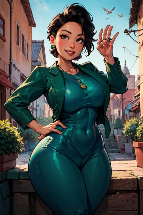 minglee, 1girl, green jacket, pants, necklace, smiling, (curvy), town, dynamic pose, <lora:Sett_Ming_Lee:0.7>, milf, masterpiece, best quality, extreme detail, 8k, image sharpness