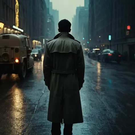 cinematic film still of <lora:Hyperrealism style:1> sharp detailed,
a man in a trench coat standing in a city street,black hair,1boy,outdoors,multiple boys,from behind,night,ground vehicle,building,scenery,motor vehicle,science fiction,rain,city,sign,car,road,motorcycle,lamppost,street,cyberpunk,neon lights , realistic, real, photo real, cinematic, dramatic, film look, dramatic light, unreal engine, 3D computer graphics, hdr, Hyperrealism Style, shallow depth of field, vignette, highly detailed, high budget, bokeh, cinemascope, moody, epic, gorgeous, film grain, grainy