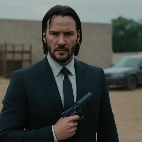 cinematic film still of cinematic film still of <lora:Hyperrealism style:1> sharp detailed,
a man in a suit holding a gun,solo,looking at viewer,brown hair,shirt,1boy,holding,jacket,weapon,male focus,necktie,belt,pants,holding weapon,gun,facial hair,formal,suit,holding gun,beard,handgun,manly , realistic, real, photo real, cinematic, dramatic, film look, dramatic light, unreal engine, 3D computer graphics, hdr, Hyperrealism Stylem john wick, shallow depth of field, vignette, highly detailed, high budget, bokeh, cinemascope, moody, epic, gorgeous, film grain, grainy