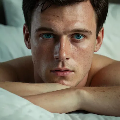 cinematic film still of  <lora:Hyperrealism style:1> sharp detailed,
a man with a blue eyes laying in bed,solo,looking at viewer,black hair,1boy,closed mouth,green eyes,male focus,blurry,lips,portrait,close-up,freckles,realistic,nose , realistic, real, photo real, cinematic, dramatic, film look, dramatic light, unreal engine, 3D computer graphics, hdr, Hyperrealism Style, closeup, shallow depth of field, vignette, highly detailed, high budget, bokeh, cinemascope, moody, epic, gorgeous, film grain, grainy