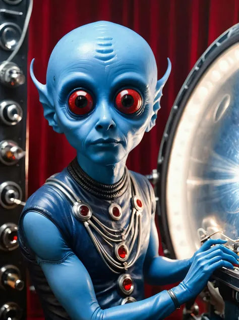 hyper realistic detailed retro photograph of a blue alien operating a crystal-powered instrument, upper-body portrait, alien craft interior, simple face detail <lora:Fantastic_Planet_XL01:0.6> , realistic blue-skin texture , damp latex, glossy rubber, textured surfaces, glowing red eyes, realistic shadows, focal depth of field, bokeh, caustics, (film grain:0.8), 1980s sci-fi film still, <lora:Hyperrealism:0.2> Hyperrealism style <lora:Grit-SDXL:0.6>