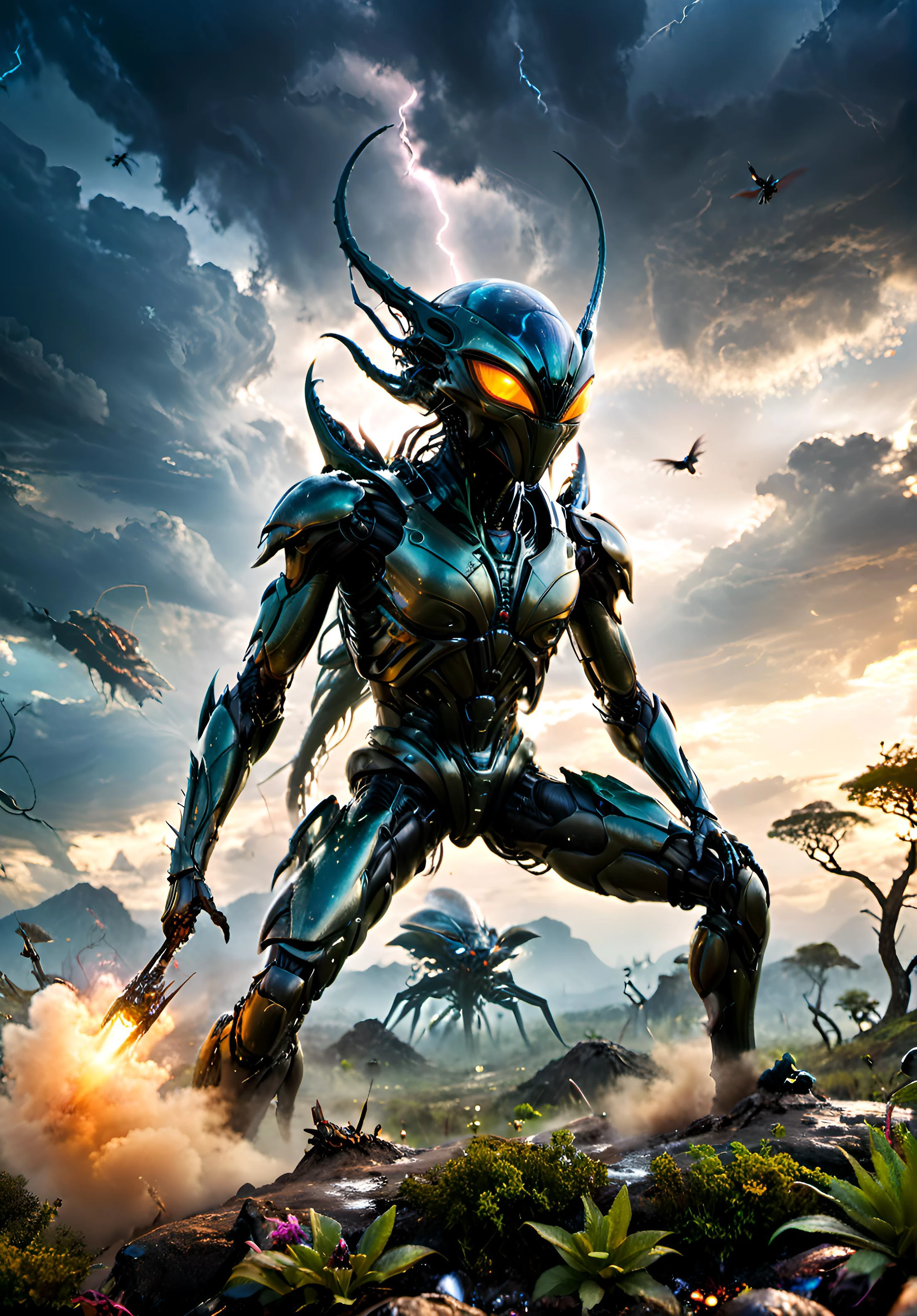 cinematic photo Dreamscape masterpiece, long shot scenic professional photograph,(( extra terrestial organic insectoid)) on an extremely detailed alien landscape, perfect viewpoint,alien vegetation ,plantes and strange trees highly detailed,aliens birds in the sky, wide-angle lens, hyper realistic, with dramatic thunder sky, polarizing filter, natural lighting, vivid colors, everything in sharp focus, HDR, UHD, 64K, dark, moody, <lora:xl_more_art-full_v1:0.8> .scify, fantastical, highly detailed . Surreal, ethereal, dreamy, mysterious, fantasy, highly detailed . 35mm photograph, film, bokeh, professional, 4k, highly detailed <<lora:Hyperrealism:1.0>