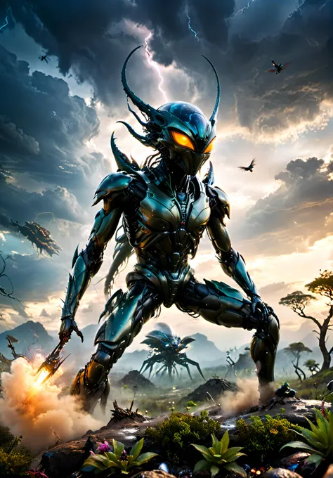 cinematic photo Dreamscape masterpiece, long shot scenic professional photograph,(( extra terrestial organic insectoid)) on an extremely detailed alien landscape, perfect viewpoint,alien vegetation ,plantes and strange trees highly detailed,aliens birds in the sky, wide-angle lens, hyper realistic, with dramatic thunder sky, polarizing filter, natural lighting, vivid colors, everything in sharp focus, HDR, UHD, 64K, dark, moody, <lora:xl_more_art-full_v1:0.8> .scify, fantastical, highly detailed . Surreal, ethereal, dreamy, mysterious, fantasy, highly detailed . 35mm photograph, film, bokeh, professional, 4k, highly detailed <<lora:Hyperrealism:1.0>