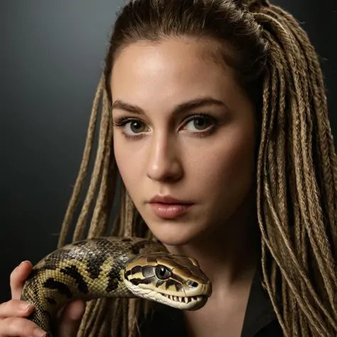 cinematic film still of cinematic film still of <lora:Hyperrealism style:1> sharp detailed,
a woman with a snake head and a snake tail,1girl,solo,long hair,looking at viewer,simple background,parted lips,teeth,lips,piercing,black background,portrait,snake,realistic,dreadlocks,snake hair , realistic, real, photo real, cinematic, dramatic, film look, dramatic light, unreal engine, 3D computer graphics, hdr, Hyperrealism Style, medusa, shallow depth of field, vignette, highly detailed, high budget, bokeh, cinemascope, moody, epic, gorgeous, film grain, grainy