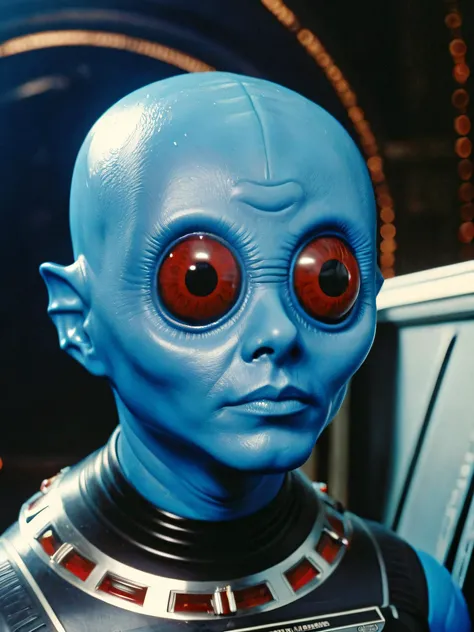 hyper realistic detailed photo of a blue alien operating crystal-powered instrument, upper-body portrait, alien craft interior, simple face detail <lora:Fantastic_Planet_XL01:0.6> , realistic blue-skin texture , damp latex, glossy rubber, textured surfaces, glowing red eyes, realistic shadows, focal depth of field, bokeh, caustics, (film grain:0.8), 1980s sci-fi film still, <lora:Hyperrealism:0.2> Hyperrealism style