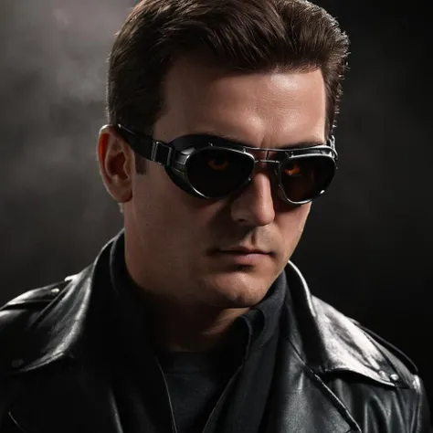 cinematic film still of cinematic film still of <lora:Hyperrealism style:1> sharp detailed,
a man in a black leather jacket with glowing eyes,solo,looking at viewer,gloves,1boy,upper body,male focus,mask,glowing,black background,glowing eyes , realistic, real, photo real, cinematic, dramatic, film look, dramatic light, unreal engine, 3D computer graphics, hdr, Hyperrealism Style, black noir, film noir, glowing goggles, shallow depth of field, vignette, highly detailed, high budget, bokeh, cinemascope, moody, epic, gorgeous, film grain, grainy