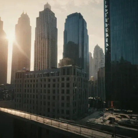 cinematic film still of cinematic film still of  <lora:Hyperrealism style:1> sharp detailed,
a city with a lot of tall buildings,outdoors,sky,cloud,no humans,sunlight,building,scenery,lens flare,city,sun,cityscape,skyscraper , realistic, real, photo real, cinematic, dramatic, film look, dramatic light, unreal engine, 3D computer graphics, hdr, Hyperrealism Style, shallow depth of field, vignette, highly detailed, high budget, bokeh, cinemascope, moody, epic, gorgeous, film grain, grainy