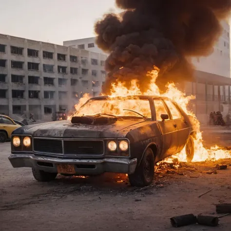 cinematic film still of <lora:Hyperrealism style:1> sharp detailed,
a car is on fire in front of a building,outdoors,no humans,fire,ground vehicle,scenery,motor vehicle,car,vehicle focus,burning , realistic, real, photo real, cinematic, dramatic, film look, dramatic light, unreal engine, 3D computer graphics, hdr, Hyperrealism Style, accident, wreck, fire, explosion, shallow depth of field, vignette, highly detailed, high budget, bokeh, cinemascope, moody, epic, gorgeous, film grain, grainy