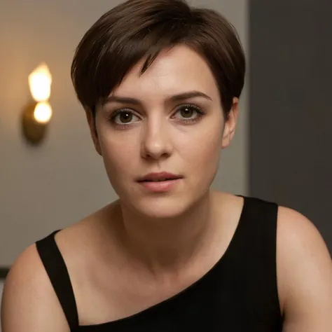 cinematic film still of cinematic film still of <lora:Hyperrealism style:1> sharp detailed,
a woman with a short haircut and a black dress,1girl,solo,looking at viewer,short hair,simple background,brown hair,bare shoulders,parted lips,teeth,grey background,black eyes,lips,portrait,realistic,nose , realistic, real, photo real, cinematic, dramatic, film look, dramatic light, unreal engine, 3D computer graphics, hdr, Hyperrealism Style, saskia, hot woman, sexy, mature, mom, milf, staring, teeth, shallow depth of field, vignette, highly detailed, high budget, bokeh, cinemascope, moody, epic, gorgeous, film grain, grainy