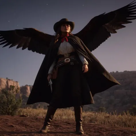cinematic film still of cinematic film still of <lora:Hyperrealism style:0.35> sharp detailed, Hyperrealism Style
<lora:Red Dead Redemption style:0.55>
a bird flying in the sky with a starr background,1girl,solo,long hair,bow,wings,sky,cape,night,star (sky),night sky,starry sky,black wings,silhouette,bird wings,large wings,reiuji utsuho , epic, Western, adventures, outlaw, Red Dead, Western United States, wild west, cowboy, cowgirl, Open world, 1900's, realistic, cinematic, film look, dramatic light, partially covered in shadows, gang, Western-themed action-adventure, Red Dead Redemption style, shallow depth of field, vignette, highly detailed, high budget, bokeh, cinemascope, moody, epic, gorgeous, film grain, grainy