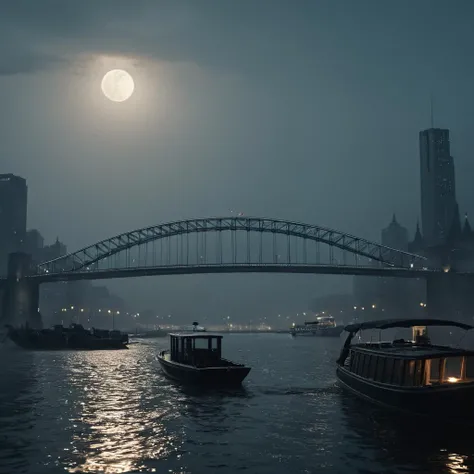 cinematic film still of <lora:Hyperrealism style:1> sharp detailed,
a city skyline with a bridge and a boat in the water,outdoors,sky,cloud,water,no humans,night,moon,cloudy sky,building,night sky,scenery,reflection,city,cityscape,bridge,fog , realistic, real, photo real, cinematic, dramatic, film look, dramatic light, unreal engine, 3D computer graphics, hdr, Hyperrealism Style, shallow depth of field, vignette, highly detailed, high budget, bokeh, cinemascope, moody, epic, gorgeous, film grain, grainy
