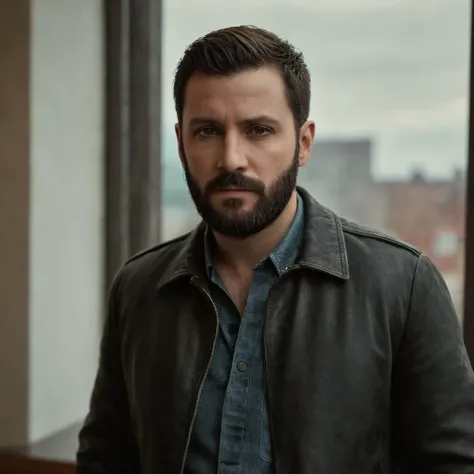 cinematic film still of cinematic film still of <lora:Hyperrealism style:1> sharp detailed,
a man with a beard and a jacket,solo,looking at viewer,short hair,black hair,1boy,jacket,upper body,male focus,artist name,window,facial hair,beard,realistic,very short hair,leather,leather jacket , realistic, real, photo real, cinematic, dramatic, film look, dramatic light, unreal engine, 3D computer graphics, hdr, Hyperrealism Style, shallow depth of field, vignette, highly detailed, high budget, bokeh, cinemascope, moody, epic, gorgeous, film grain, grainy
