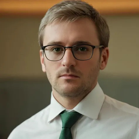 cinematic film still of <lora:Hyperrealism style:1> sharp detailed,
a man with glasses and a tie looks at the camera,solo,looking at viewer,shirt,1boy,closed mouth,green eyes,white shirt,white hair,male focus,glasses,blurry,blurry background,facial hair,portrait,realistic,stubble , realistic, real, photo real, cinematic, dramatic, film look, dramatic light, unreal engine, 3D computer graphics, hdr, Hyperrealism Style, closeup, shallow depth of field, vignette, highly detailed, high budget, bokeh, cinemascope, moody, epic, gorgeous, film grain, grainy