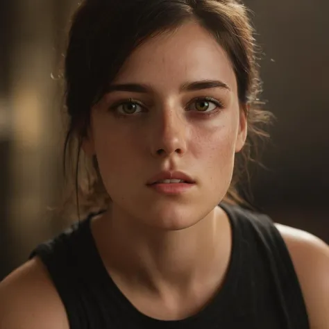 cinematic film still of <lora:Hyperrealism style:1> sharp detailed,
a woman with a black top and a black top,1girl,solo,looking at viewer,brown hair,shirt,black hair,closed mouth,yellow eyes,upper body,sleeveless,blurry,lips,black shirt,depth of field,blurry background,tank top,portrait,freckles,realistic,nose , realistic, real, photo real, cinematic, dramatic, film look, dramatic light, unreal engine, 3D computer graphics, hdr, Hyperrealism Style, closeup, dreamy eyes, shallow depth of field, vignette, highly detailed, high budget, bokeh, cinemascope, moody, epic, gorgeous, film grain, grainy