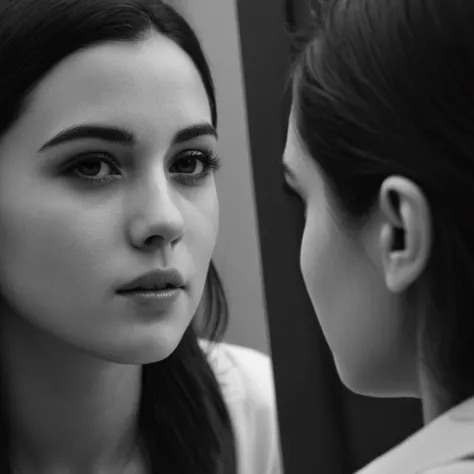 cinematic film still of  <lora:Hyperrealism style:1> sharp detailed,
a woman is looking at her reflection in a mirror,1girl,solo,monochrome,greyscale,blurry,lips,realistic , realistic, real, photo real, cinematic, dramatic, film look, dramatic light, unreal engine, 3D computer graphics, hdr, Hyperrealism Style, shallow depth of field, vignette, highly detailed, high budget, bokeh, cinemascope, moody, epic, gorgeous, film grain, grainy