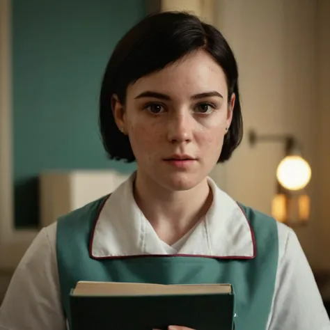 cinematic film still of cinematic film still of  <lora:Hyperrealism style:1> sharp detailed,
a woman in a nurse's uniform holding a book,1girl,solo,looking at viewer,short hair,black hair,holding,jewelry,earrings,indoors,mole,black eyes,apron,book,mole under eye,freckles,realistic , realistic, real, photo real, cinematic, dramatic, film look, dramatic light, unreal engine, 3D computer graphics, hdr, Hyperrealism Style, shallow depth of field, vignette, highly detailed, high budget, bokeh, cinemascope, moody, epic, gorgeous, film grain, grainy
