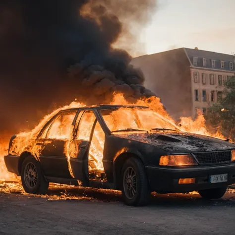 cinematic film still of  <lora:Hyperrealism style:1> sharp detailed,
a car is on fire in front of a building,outdoors,no humans,fire,ground vehicle,scenery,motor vehicle,car,vehicle focus,burning , realistic, real, photo real, cinematic, dramatic, film look, dramatic light, unreal engine, 3D computer graphics, hdr, Hyperrealism Style, accident, wreck, fire, explosion, shallow depth of field, vignette, highly detailed, high budget, bokeh, cinemascope, moody, epic, gorgeous, film grain, grainy