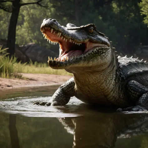 cinematic film still of cinematic film still of  <lora:Hyperrealism style:0.35> sharp detailed, Hyperrealism Style
 <lora:Red Dead Redemption style:0.55>
a crocodile is laying in the water with its mouth open,water,no humans,animal,reflection,monster,turtle , epic, Western, adventures, outlaw, Red Dead, Western United States, wild west, cowboy, cowgirl, Open world, 1900's, realistic, cinematic, film look, dramatic light, partially covered in shadows, gang, Western-themed action-adventure, Red Dead Redemption style, shallow depth of field, vignette, highly detailed, high budget, bokeh, cinemascope, moody, epic, gorgeous, film grain, grainy