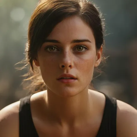 cinematic film still of <lora:Hyperrealism style:1> sharp detailed,
a woman with a black top and a black top,1girl,solo,looking at viewer,brown hair,shirt,black hair,closed mouth,yellow eyes,upper body,sleeveless,blurry,lips,black shirt,depth of field,blurry background,tank top,portrait,freckles,realistic,nose , realistic, real, photo real, cinematic, dramatic, film look, dramatic light, unreal engine, 3D computer graphics, hdr, Hyperrealism Style, closeup, dreamy eyes, shallow depth of field, vignette, highly detailed, high budget, bokeh, cinemascope, moody, epic, gorgeous, film grain, grainy