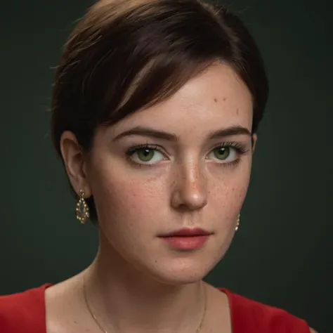 cinematic film still of <lora:Hyperrealism style:1>
a woman with a red dress and earrings,1girl,solo,looking at viewer,short hair,simple background,brown hair,jewelry,green eyes,earrings,lips,black background,portrait,freckles,realistic,nose , realistic, real, photo real, cinematic, dramatic, film look, dramatic light, unreal engine, 3D computer graphics, hdr, Hyperrealism Style, closeup, milf, mom, mature, shallow depth of field, vignette, highly detailed, high budget, bokeh, cinemascope, moody, epic, gorgeous, film grain, grainy