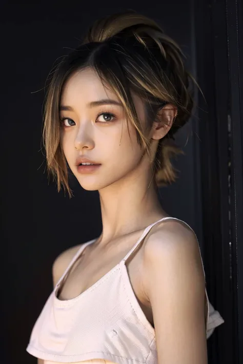 a 20 yo woman, blonde, (hi-top fade:1.3), dark theme, soothing tones, muted colors, high contrast, (natural skin texture, hyperrealism, soft light, sharp) <lora:AlexiaAnders-01:1> upper body,
