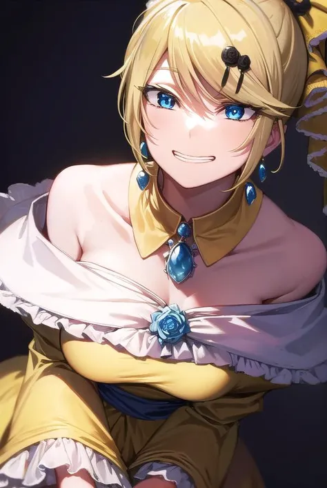 riliane, <lyco:riliane-lyco-nochekaiser:1>,
riliane, blonde hair, blue eyes, ponytail, short hair, parted bangs, <lora:gekioko_v200:1>, smile, grin, <lora:talkmouth_I_v100:1>, open mouth,
BREAK bow, bracelet, dangle earrings, detached collar, dress, (yellow dress:1.5), dress bow, earrings, flower, flower brooch, frilled dress, frills, gown, hair bow, hair ornament, hairclip, jewelry, long sleeves, necklace, off shoulder, off-shoulder dress, pendant, sash, wide sleeves,
BREAK cowboy shot, looking at viewer,
BREAK indoors,
BREAK <lyco:GoodHands-beta2:1>, (masterpiece:1.2), best quality, high resolution, unity 8k wallpaper, (illustration:0.8), (beautiful detailed eyes:1.6), extremely detailed face, perfect lighting, extremely detailed CG, (perfect hands, perfect anatomy),